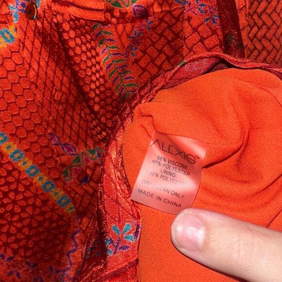 Alexis Lishan Red Fire Print Tie Neck Puff Sleeve Ruffle Hem Mini Dress XS - Picture 6 of 8